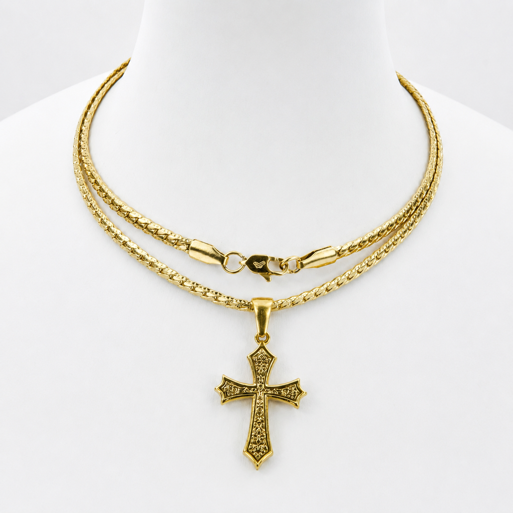 Combo Cadena Grabada + Dije Cruz Texturizada Oro Laminado 18K Mujer