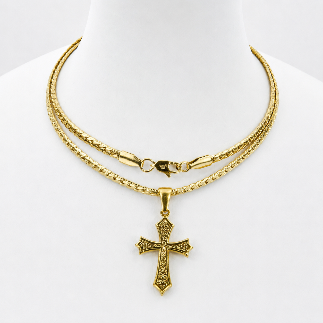 Combo Cadena Grabada + Dije Cruz Texturizada Oro Laminado 18K Mujer