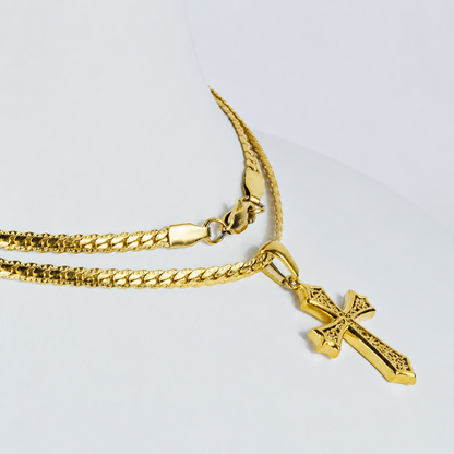 Combo Cadena Grabada + Dije Cruz Texturizada Oro Laminado 18K Mujer