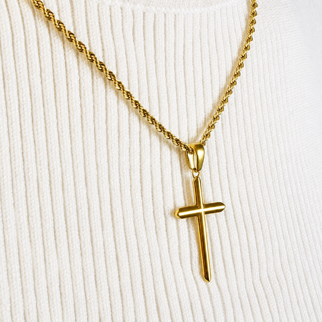 Combo Cadena Lazo + Dije Cruz Lisa Oro Laminado 18K Mujer