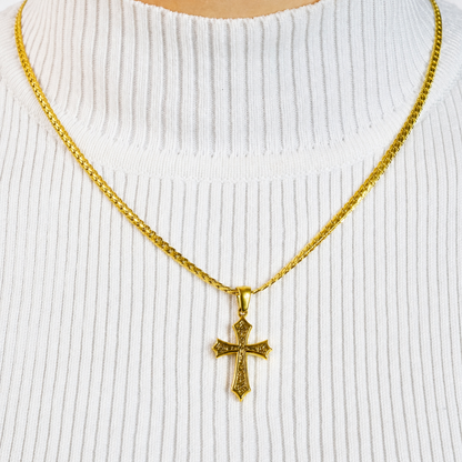 Combo Cadena Grabada + Dije Cruz Texturizada Oro Laminado 18K Mujer