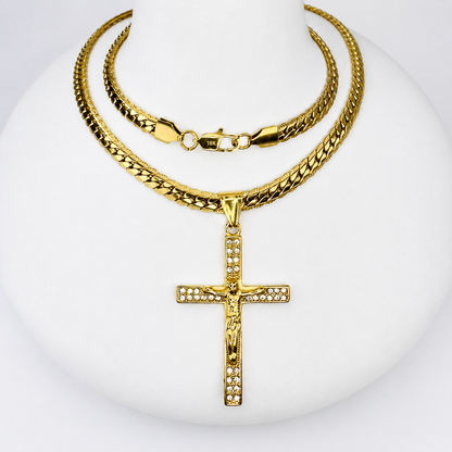 Combo Cadena Grabada + Dije Cristo Piedras Mukura Oro Laminado 18K