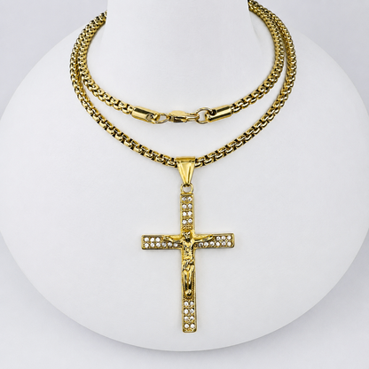 Combo Cadena Veneciana + Dije Cristo Piedras Mukura Oro Laminado 18K