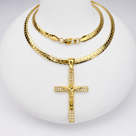 Combo Cadena Serpiente + Dije Cristo Piedras Mukura Oro Laminado 18K