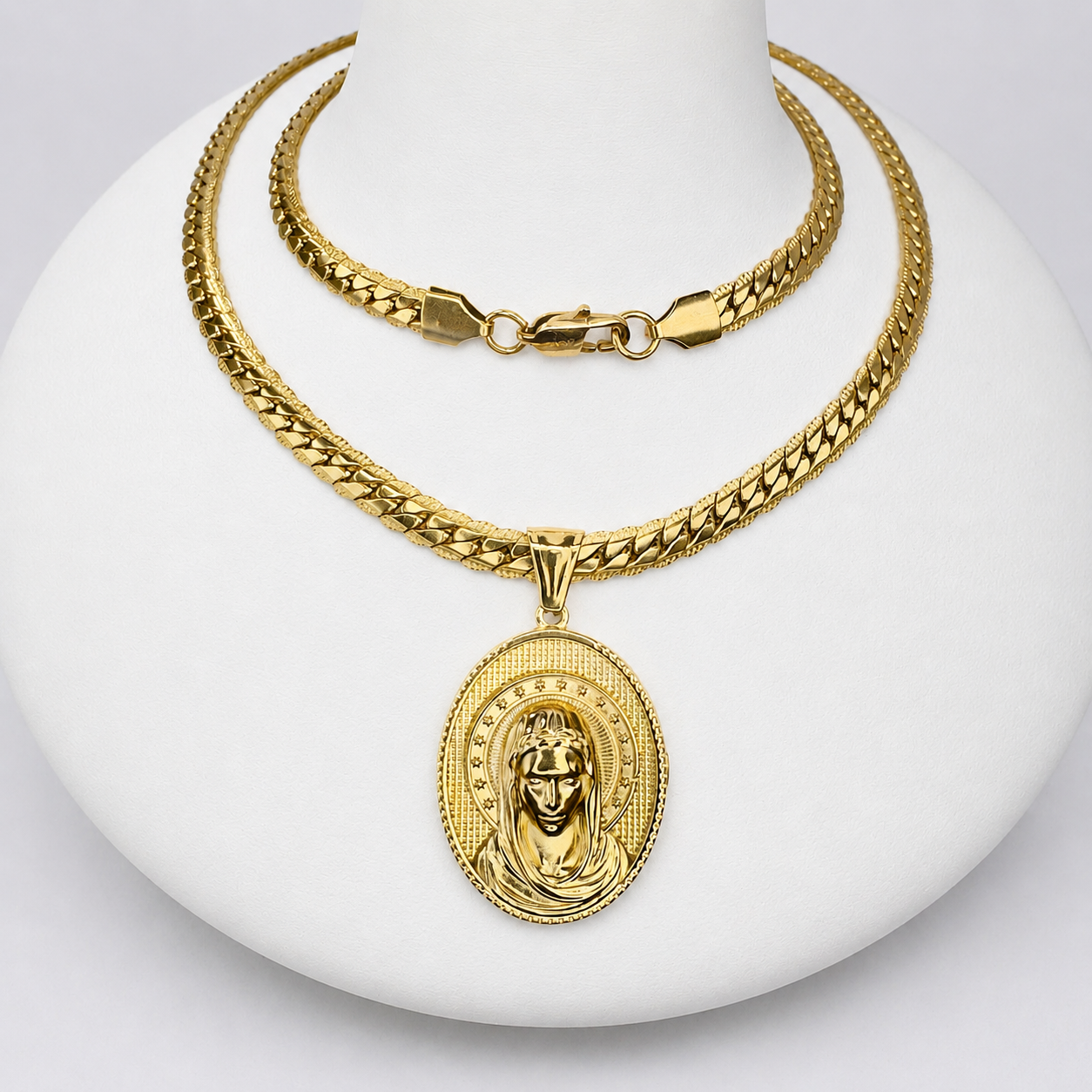 Combo Cadena Grabada + Dije Virgen Oro Laminado 18K