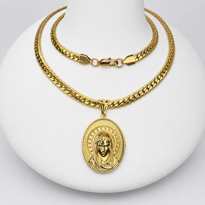 Combo Cadena Grabada + Dije Virgen Oro Laminado 18K