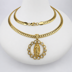 Combo Cadena Grabada + Dije Virgen Piedras Oro Laminado 18K