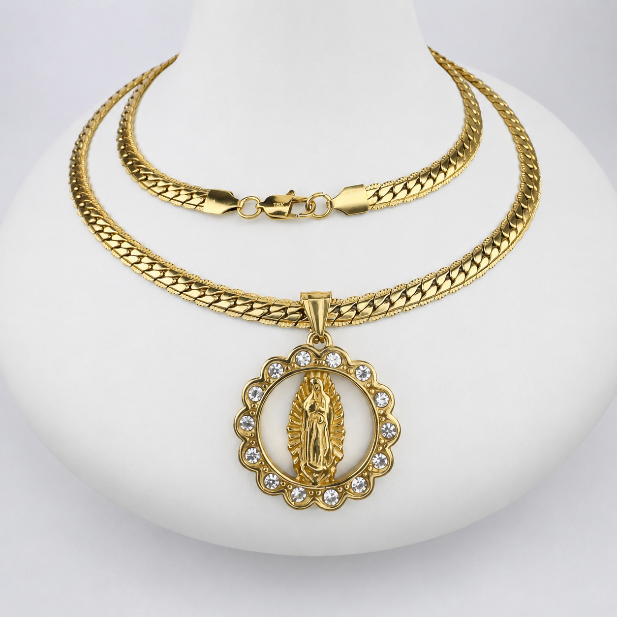 Combo Cadena Grabada + Dije Virgen Piedras Oro Laminado 18K