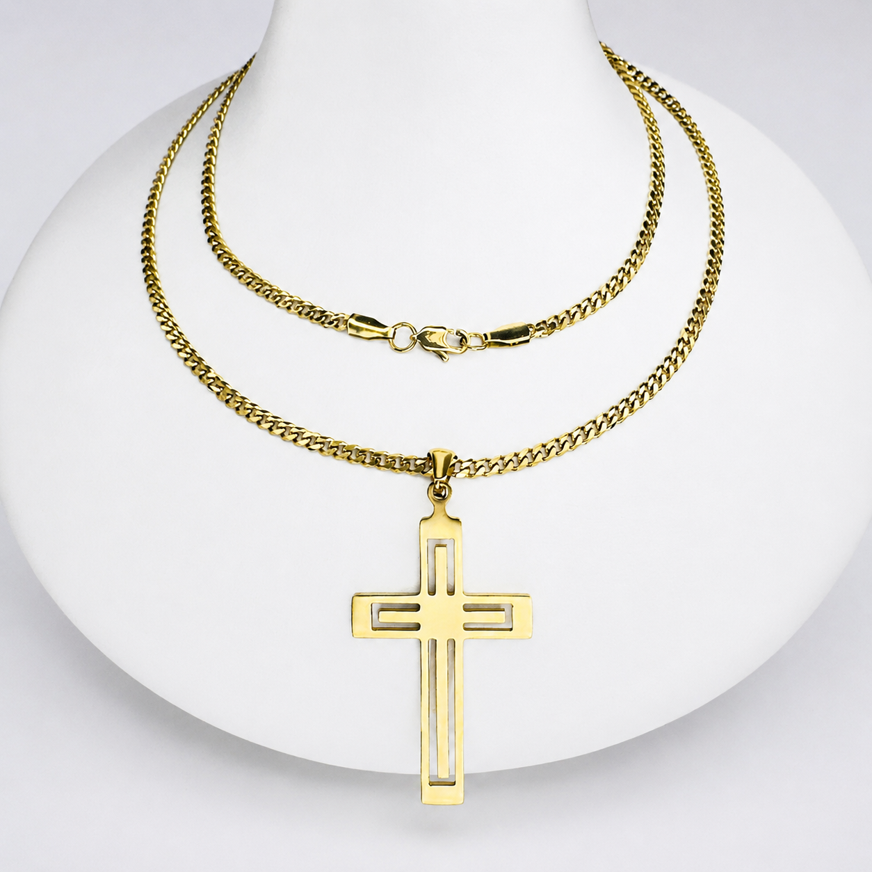 Combo Cadena Cubana + Dije Cruz Calada Oro Laminado 18K