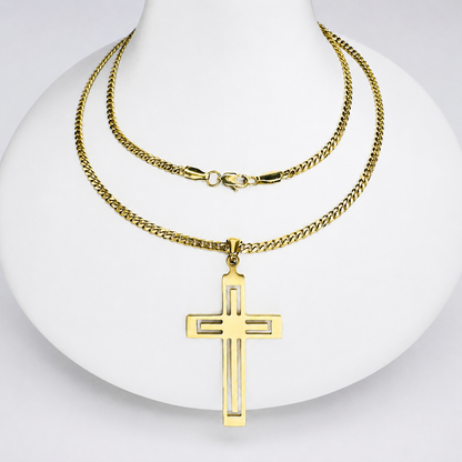 Combo Cadena Cubana + Dije Cruz Calada Oro Laminado 18K