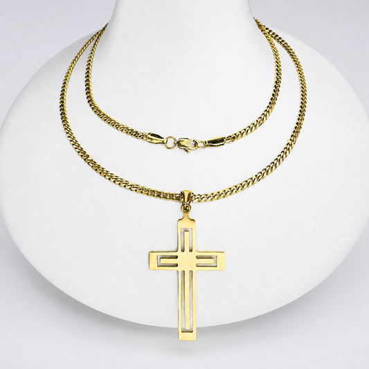 Combo Cadena Cubana + Dije Cruz Calada Oro Laminado 18K