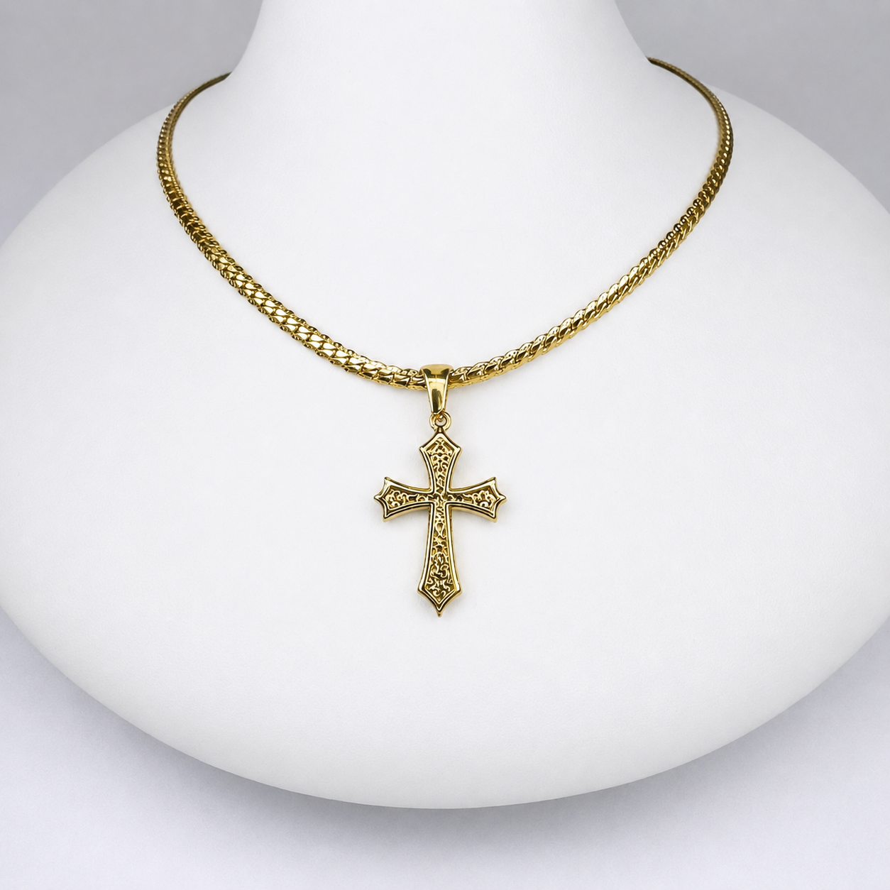 Combo Cadena Grabada + Dije Cruz Texturizada Oro Laminado 18K Mujer