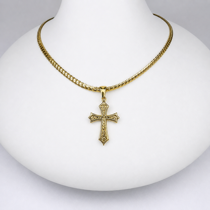 Combo Cadena Grabada + Dije Cruz Texturizada Oro Laminado 18K Mujer