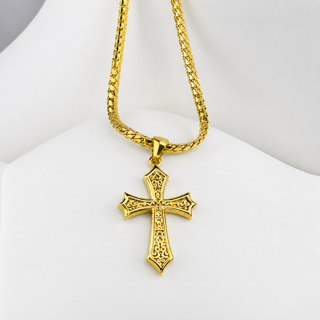 Combo Cadena Grabada + Dije Cruz Texturizada Oro Laminado 18K Mujer