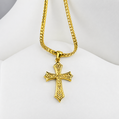 Combo Cadena Grabada + Dije Cruz Texturizada Oro Laminado 18K Mujer