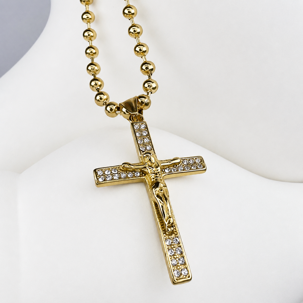 Combo Cadena Militar + Dije Cristo Piedras Mukura Oro Laminado 18K