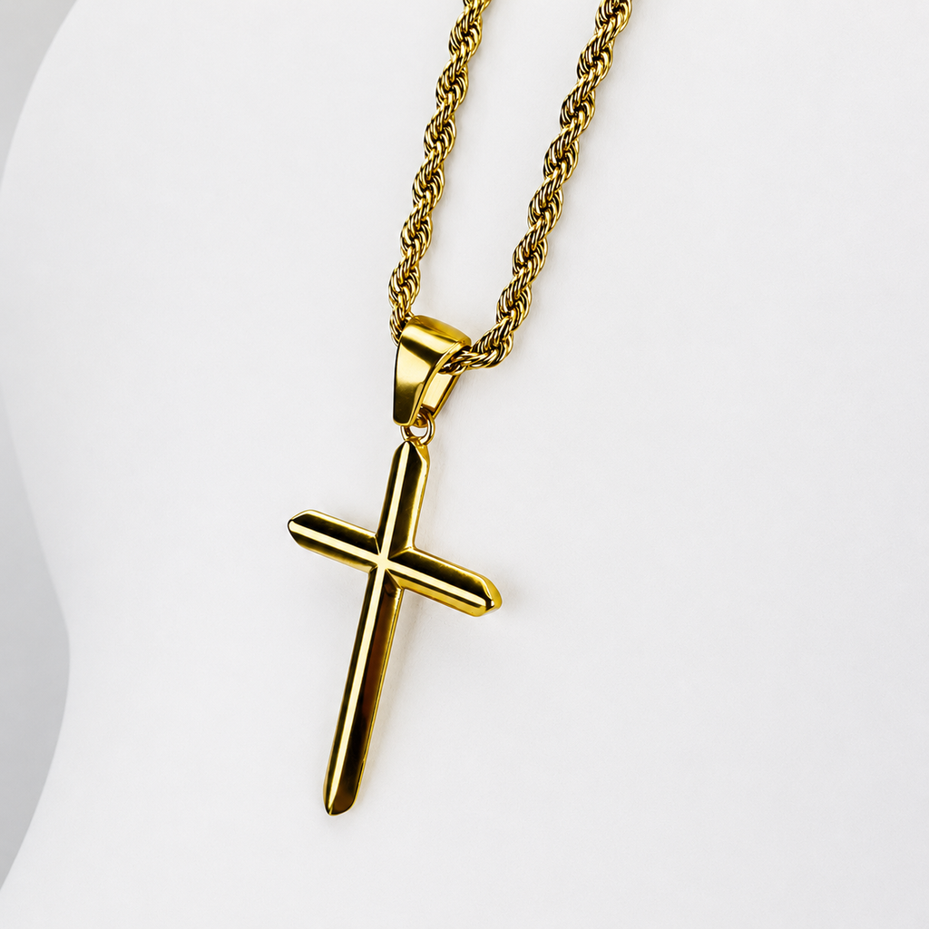 Combo Cadena Lazo + Dije Cruz Lisa Oro Laminado 18K Mujer