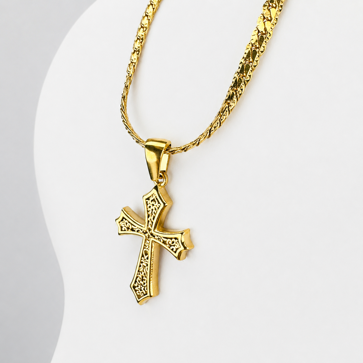 Combo Cadena Grabada + Dije Cruz Texturizada Oro Laminado 18K Mujer