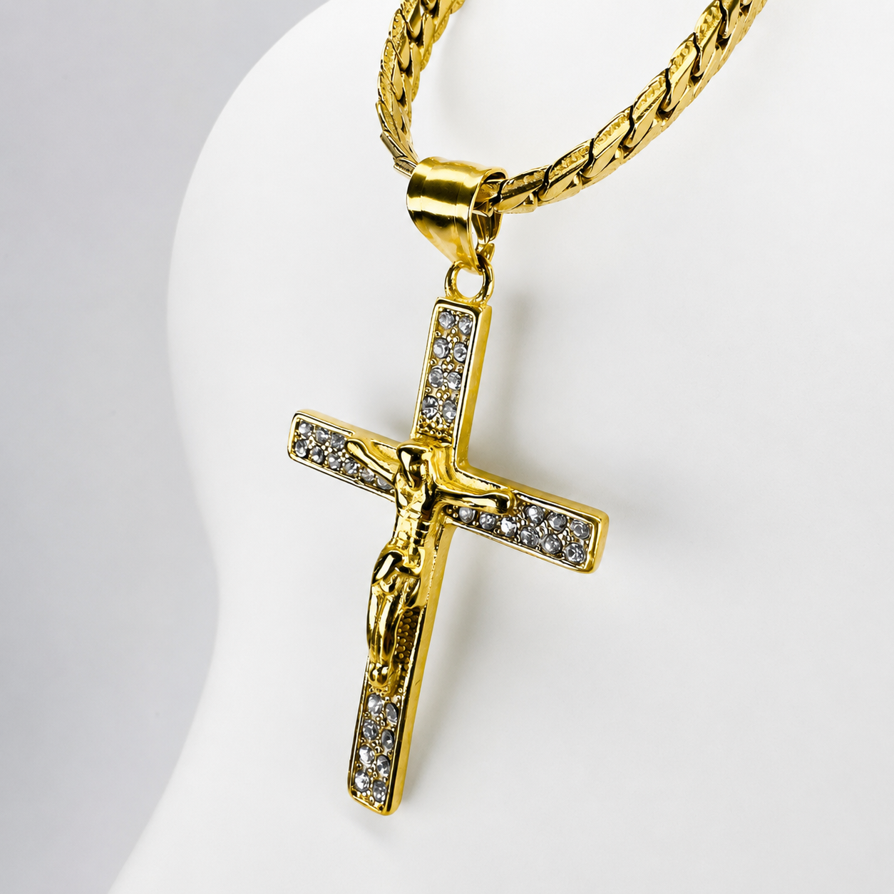 Combo Cadena Grabada + Dije Cristo Piedras Mukura Oro Laminado 18K