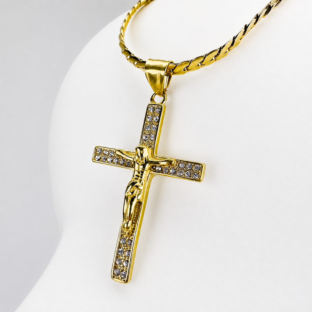 Combo Cadena Serpiente + Dije Cristo Piedras Mukura Oro Laminado 18K