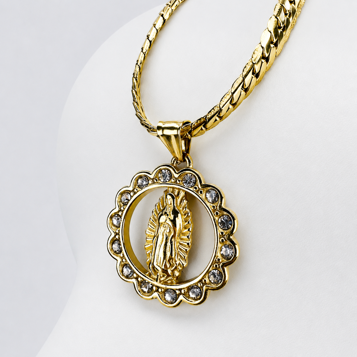 Combo Cadena Grabada + Dije Virgen Piedras Oro Laminado 18K