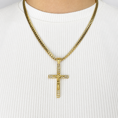Combo Cadena Grabada + Dije Cristo Piedras Mukura Oro Laminado 18K