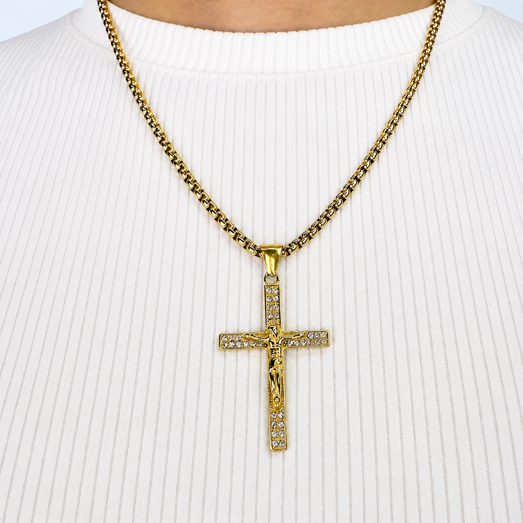 Combo Cadena Veneciana + Dije Cristo Piedras Mukura Oro Laminado 18K