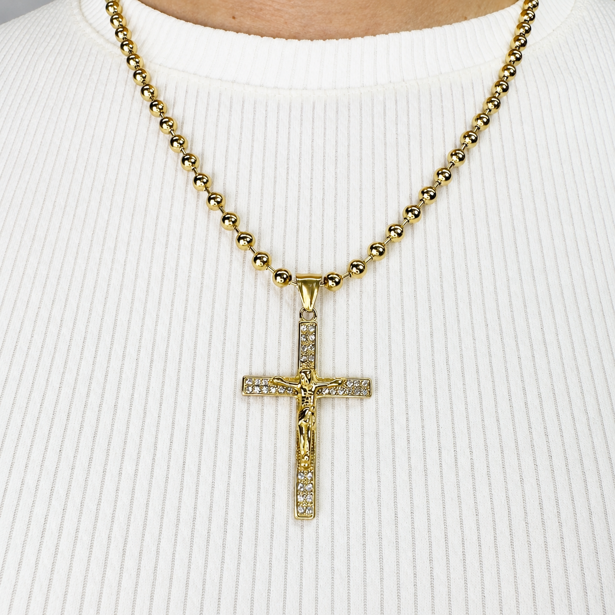 Combo Cadena Militar + Dije Cristo Piedras Mukura Oro Laminado 18K