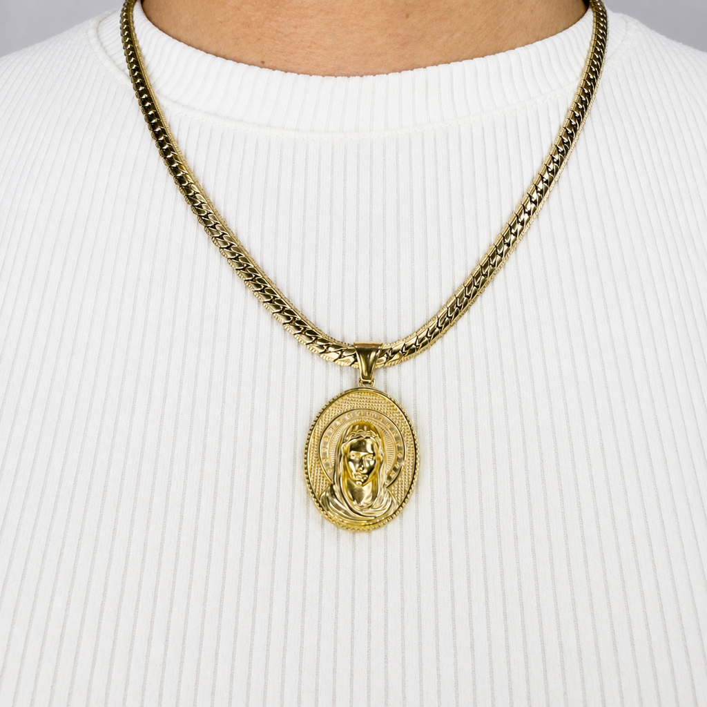 Combo Cadena Grabada + Dije Virgen Oro Laminado 18K