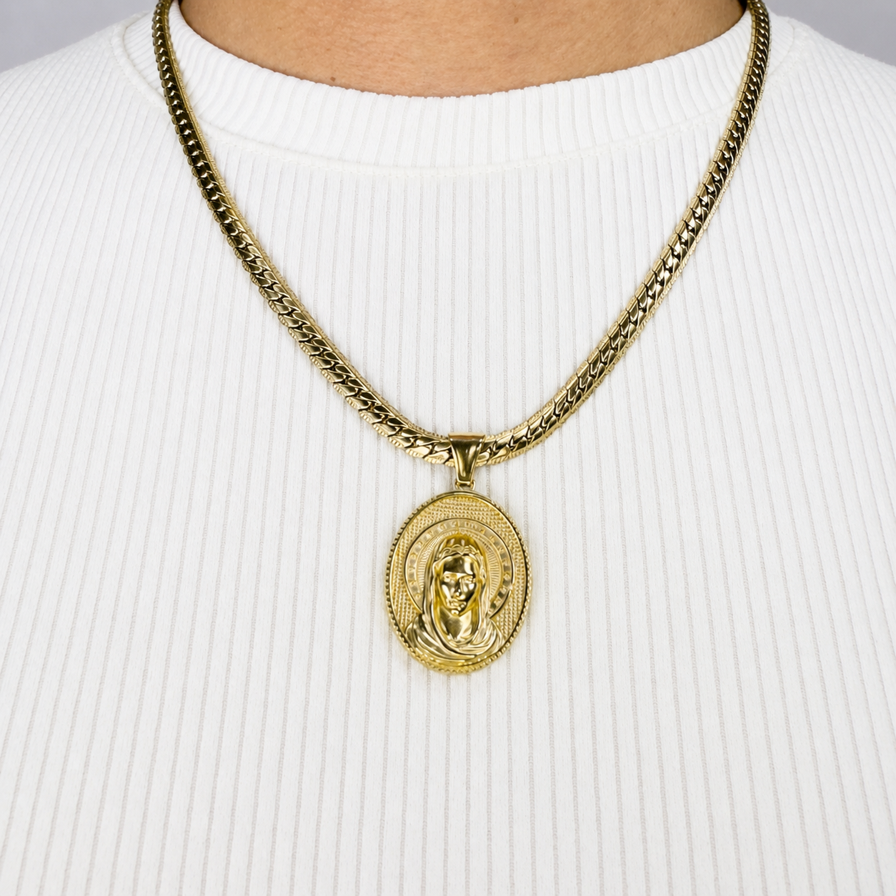 Combo Cadena Grabada + Dije Virgen Oro Laminado 18K