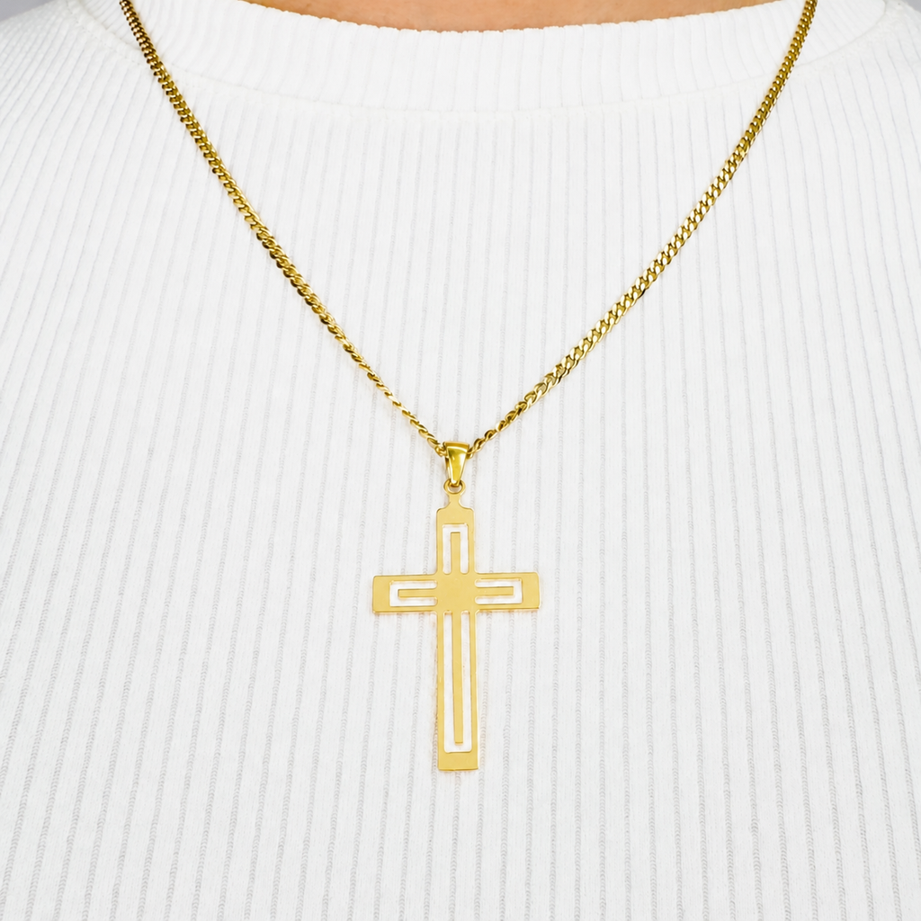 Combo Cadena Cubana + Dije Cruz Calada Oro Laminado 18K