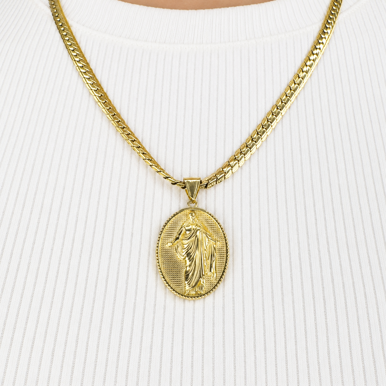 Combo Cadena Grabada + Dije Jesús Resucitado Oro Laminado 18K